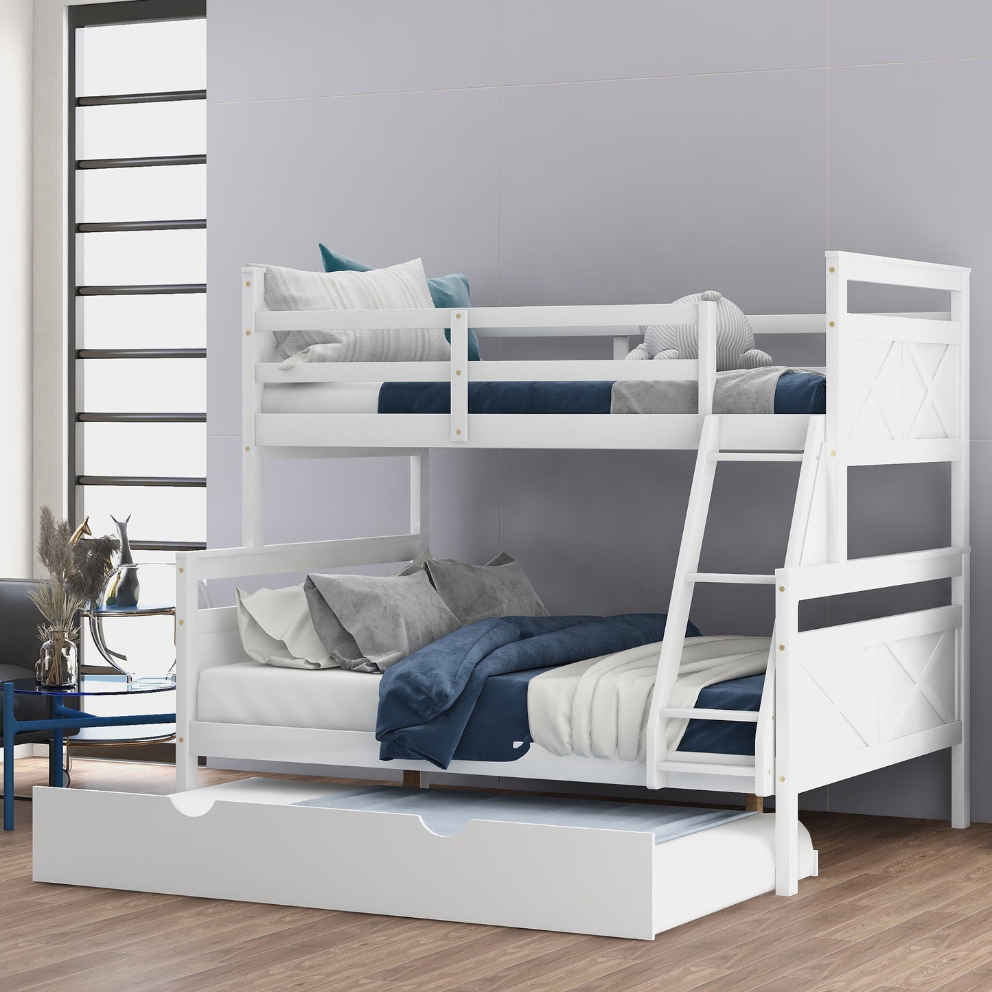 Twin Over Full Bunk Bed with Ladder Twin Size Trundle, Safety Guardrail