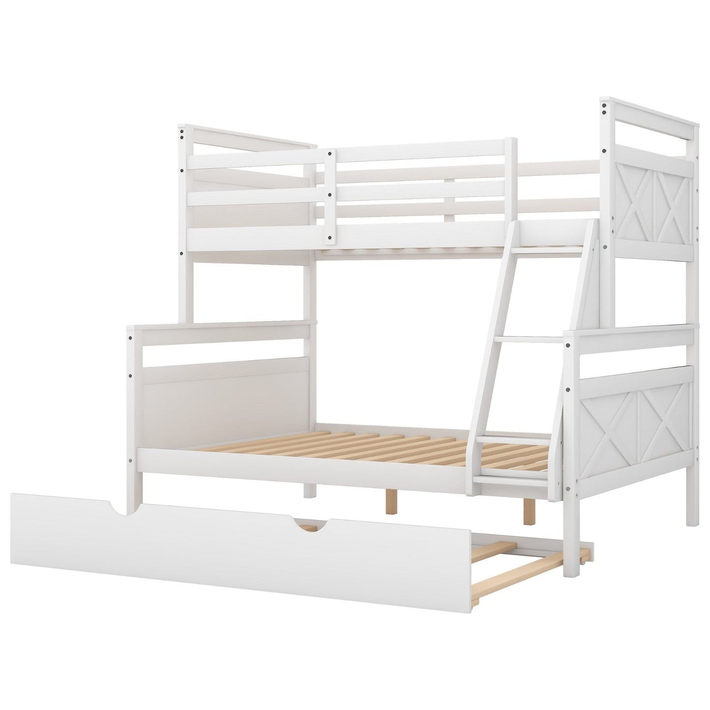 Twin Over Full Bunk Bed with Ladder Twin Size Trundle, Safety Guardrail