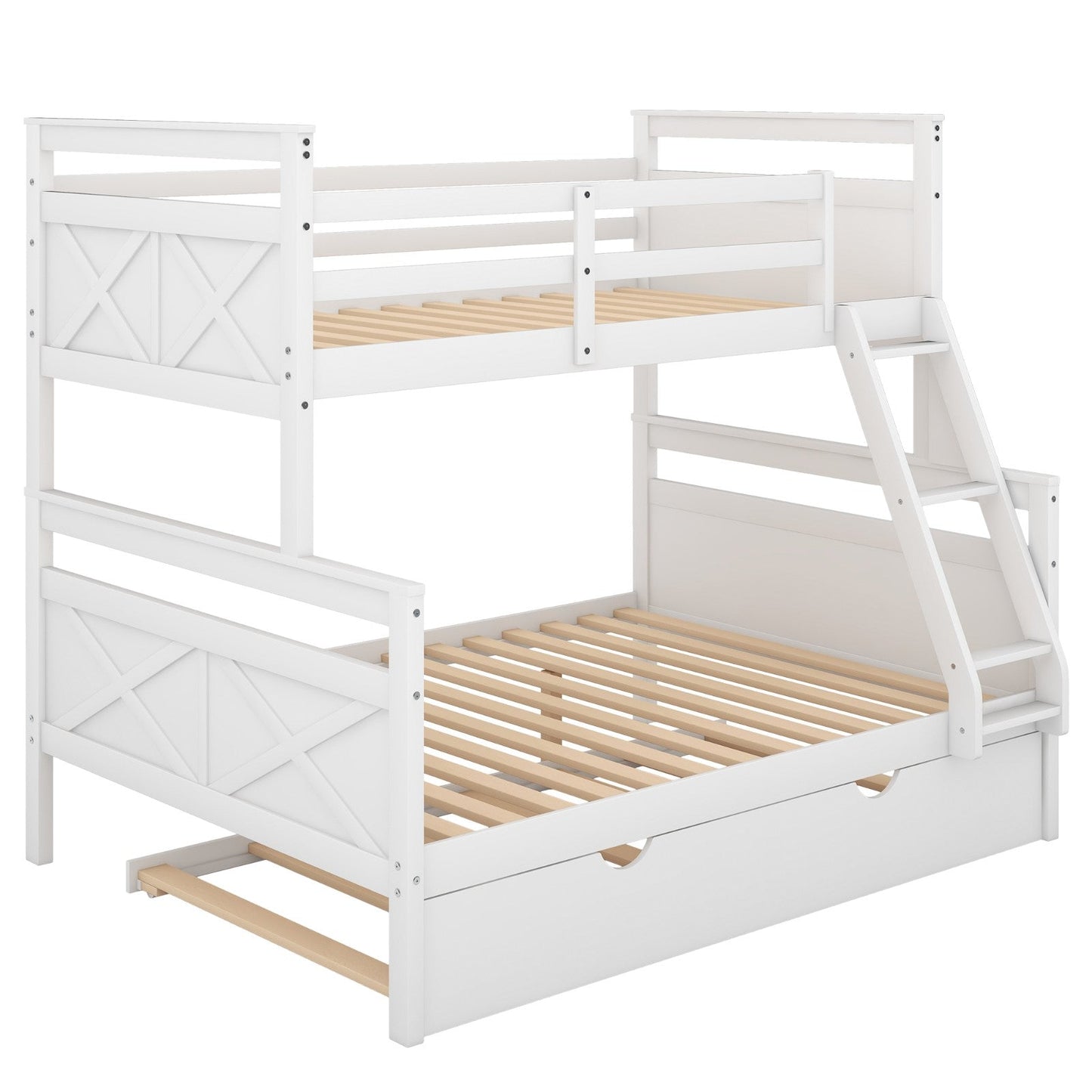 Twin Over Full Bunk Bed with Ladder Twin Size Trundle, Safety Guardrail