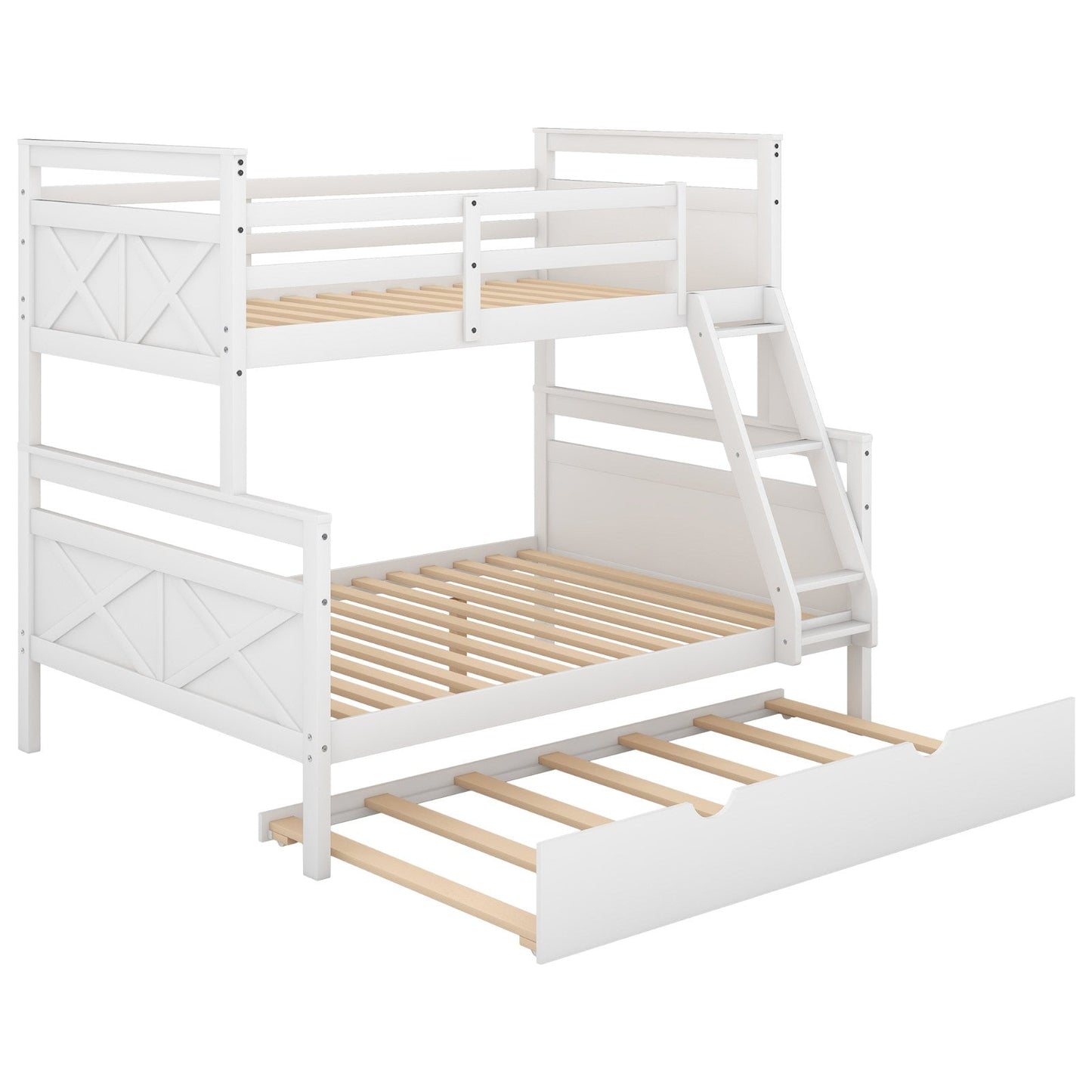 Twin Over Full Bunk Bed with Ladder Twin Size Trundle, Safety Guardrail