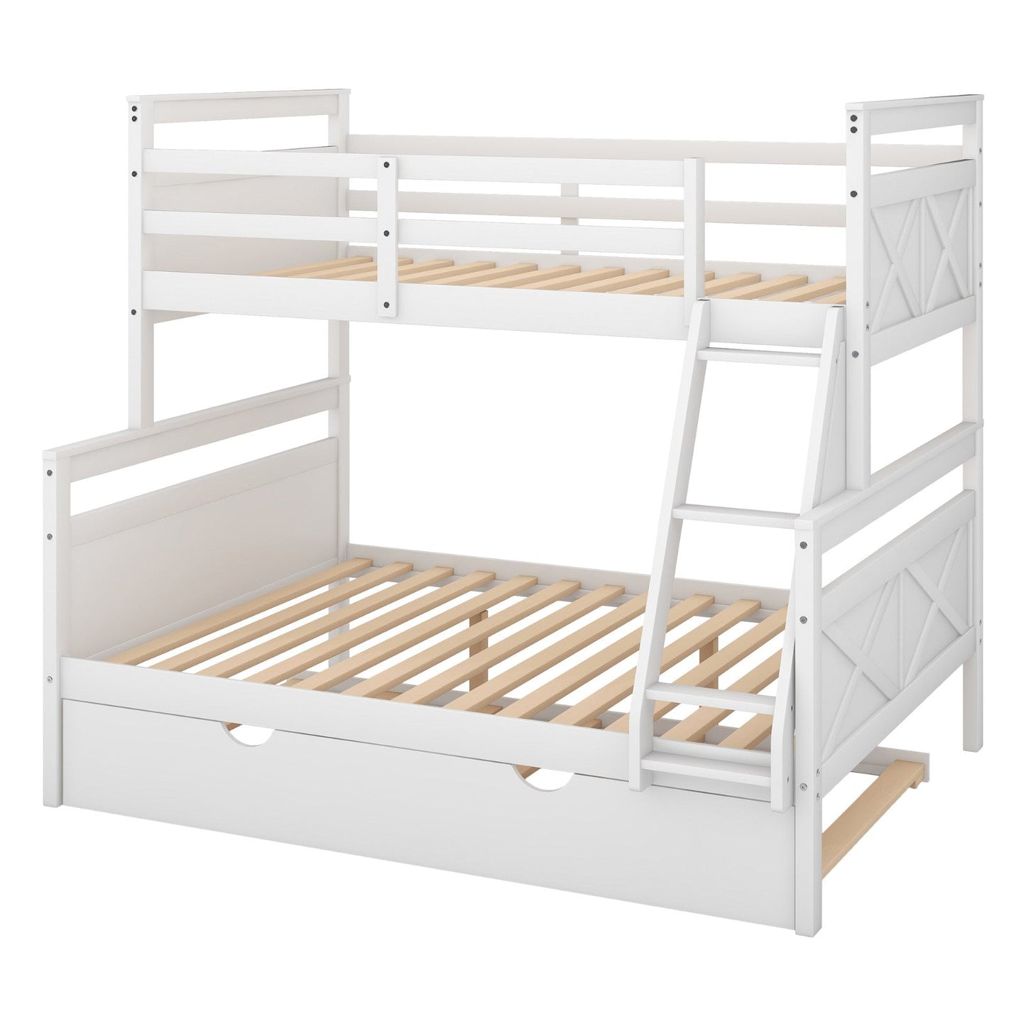 Twin Over Full Bunk Bed with Ladder Twin Size Trundle, Safety Guardrail