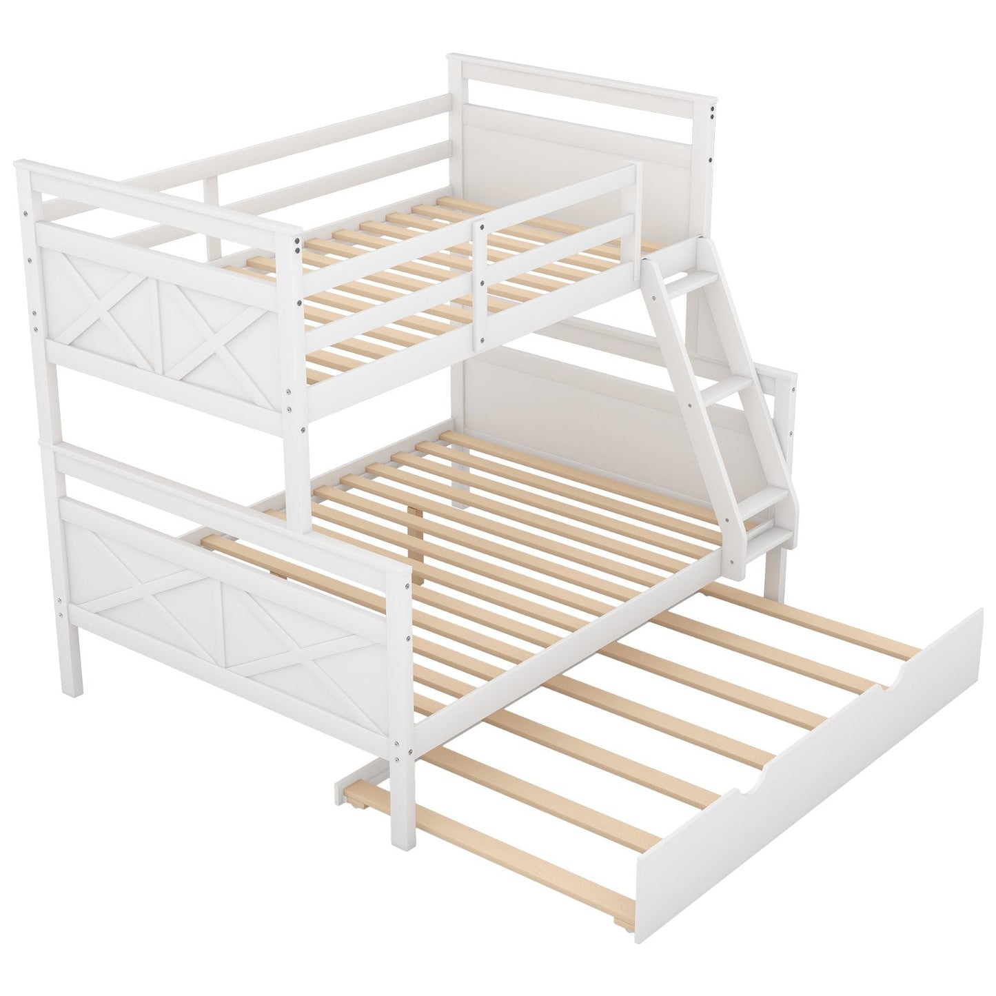 Twin Over Full Bunk Bed with Ladder Twin Size Trundle, Safety Guardrail