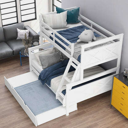 Twin Over Full Bunk Bed with Ladder Twin Size Trundle, Safety Guardrail