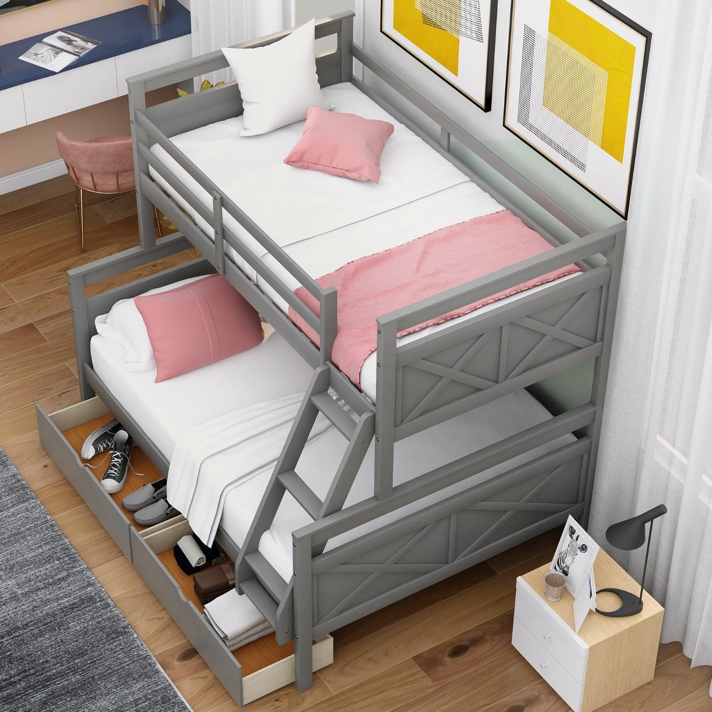 Twin over Full Bunk Bed with Ladder, Two Storage Drawers, and Safety Guardrail