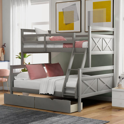 Twin over Full Bunk Bed with Ladder, Two Storage Drawers, and Safety Guardrail