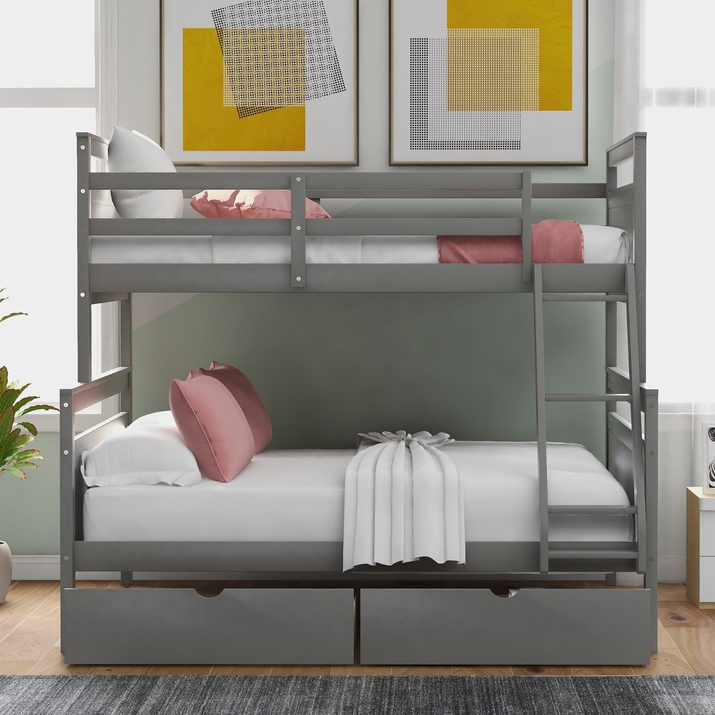 Twin over Full Bunk Bed with Ladder, Two Storage Drawers, and Safety Guardrail