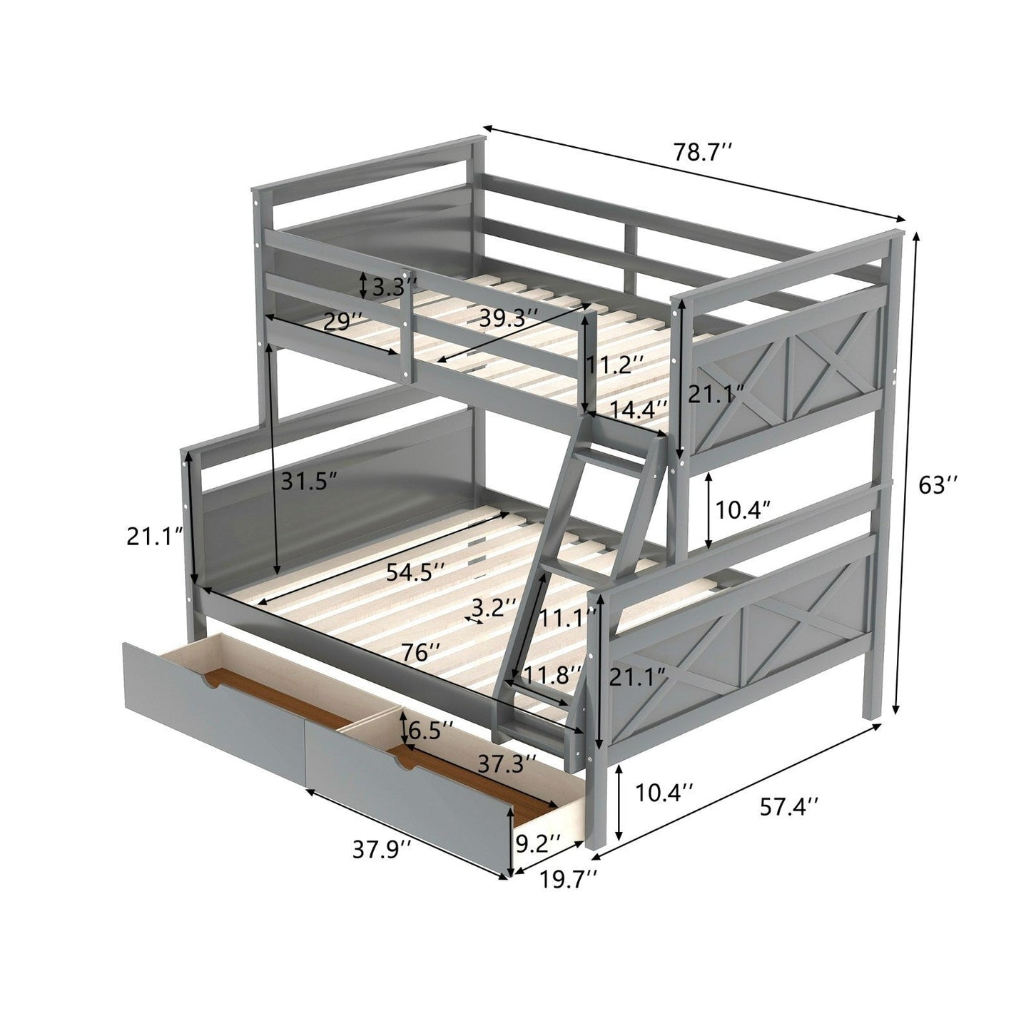 Twin over Full Bunk Bed with Ladder, Two Storage Drawers, and Safety Guardrail