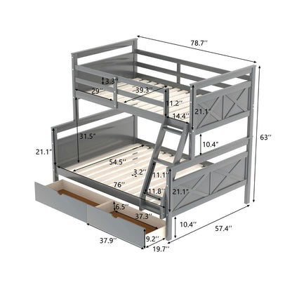 Twin over Full Bunk Bed with Ladder, Two Storage Drawers, and Safety Guardrail