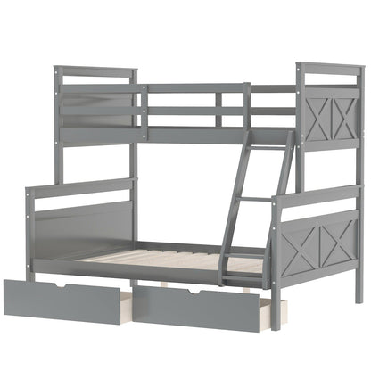 Twin over Full Bunk Bed with Ladder, Two Storage Drawers, and Safety Guardrail