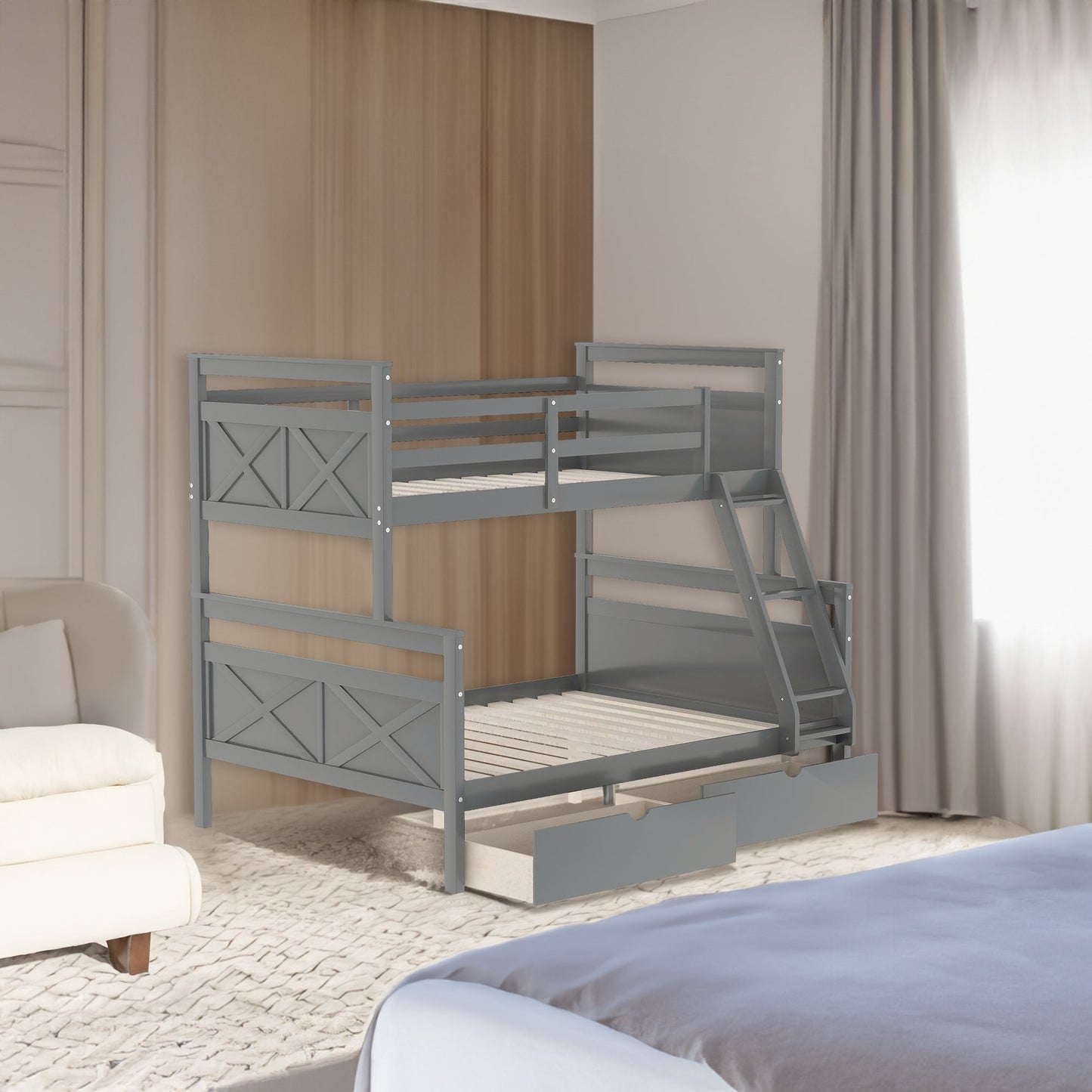 Twin over Full Bunk Bed with Ladder, Two Storage Drawers, and Safety Guardrail