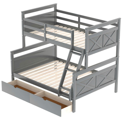 Twin over Full Bunk Bed with Ladder, Two Storage Drawers, and Safety Guardrail