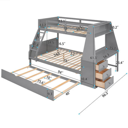 Twin over Full Bunk Bed with Trundle, Built-in Desk, Three Storage Drawers, and Shelf