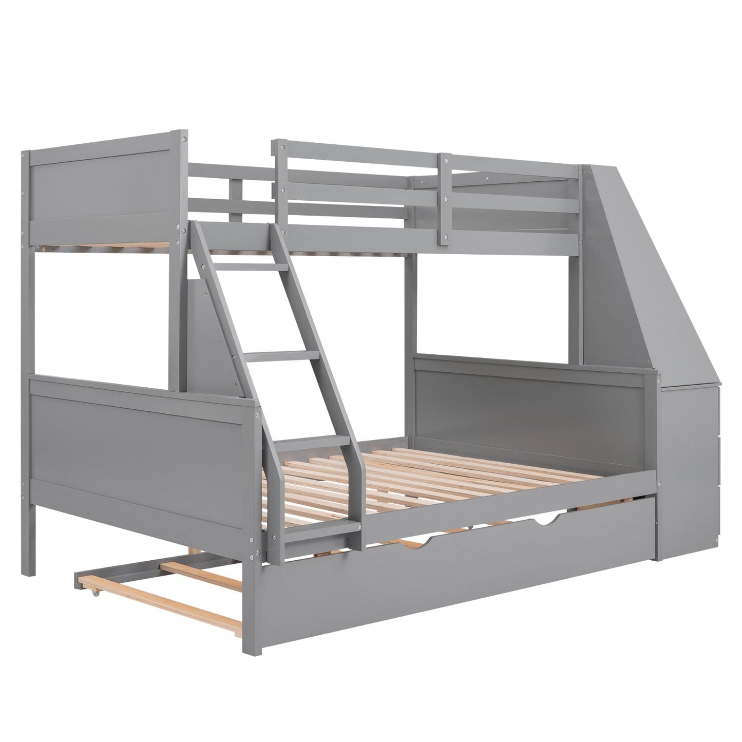 Twin over Full Bunk Bed with Trundle, Built-in Desk, Three Storage Drawers, and Shelf