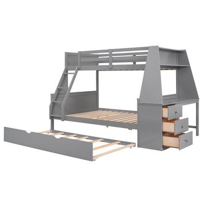 Twin over Full Bunk Bed with Trundle, Built-in Desk, Three Storage Drawers, and Shelf