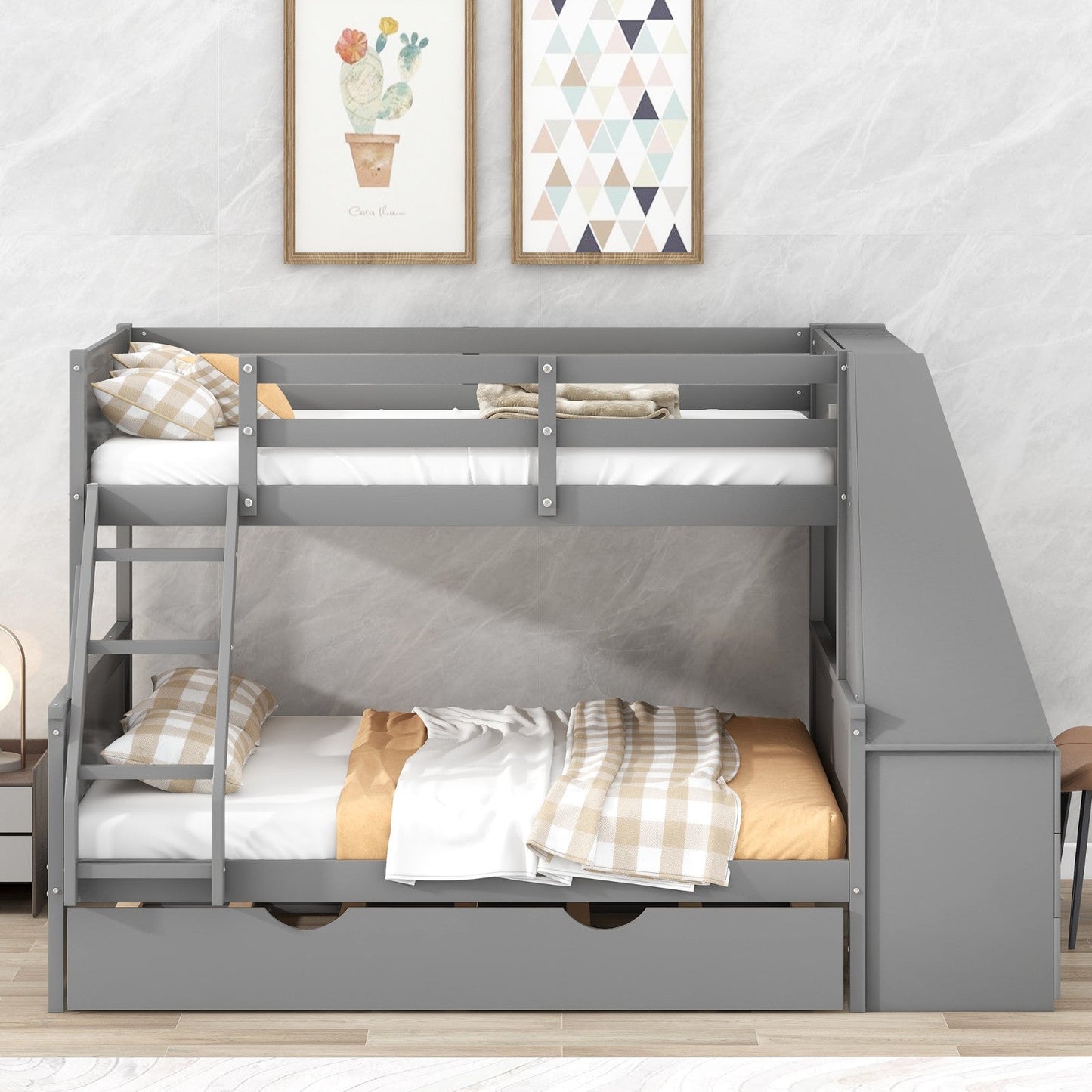 Twin over Full Bunk Bed with Trundle, Built-in Desk, Three Storage Drawers, and Shelf