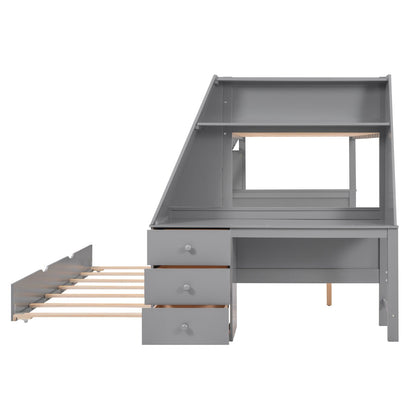 Twin over Full Bunk Bed with Trundle, Built-in Desk, Three Storage Drawers, and Shelf