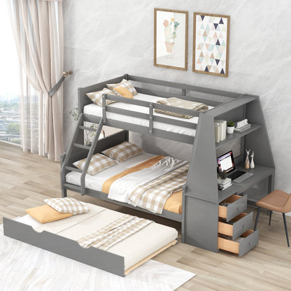 Twin over Full Bunk Bed with Trundle, Built-in Desk, Three Storage Drawers, and Shelf