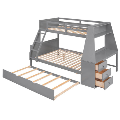 Twin over Full Bunk Bed with Trundle, Built-in Desk, Three Storage Drawers, and Shelf