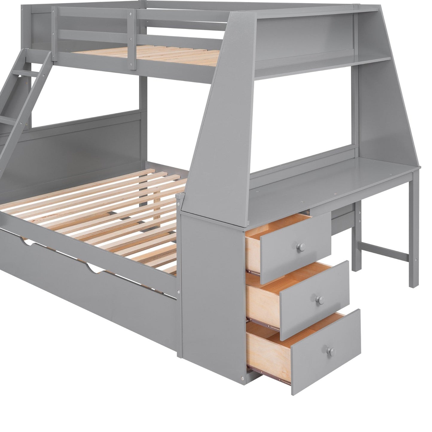 Twin over Full Bunk Bed with Trundle, Built-in Desk, Three Storage Drawers, and Shelf