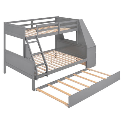 Twin over Full Bunk Bed with Trundle, Built-in Desk, Three Storage Drawers, and Shelf