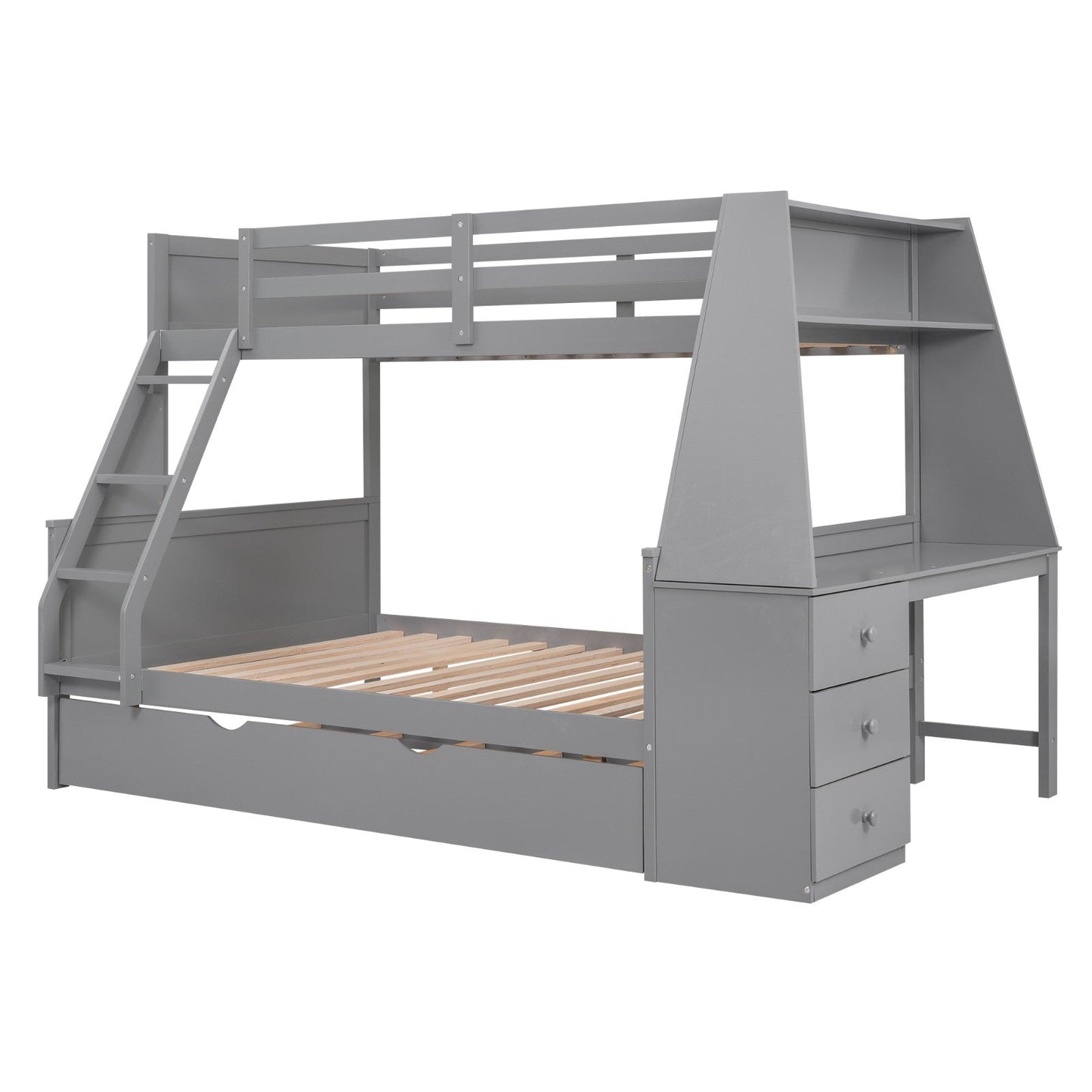 Twin over Full Bunk Bed with Trundle, Built-in Desk, Three Storage Drawers, and Shelf