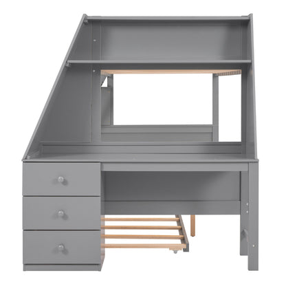 Twin over Full Bunk Bed with Trundle, Built-in Desk, Three Storage Drawers, and Shelf