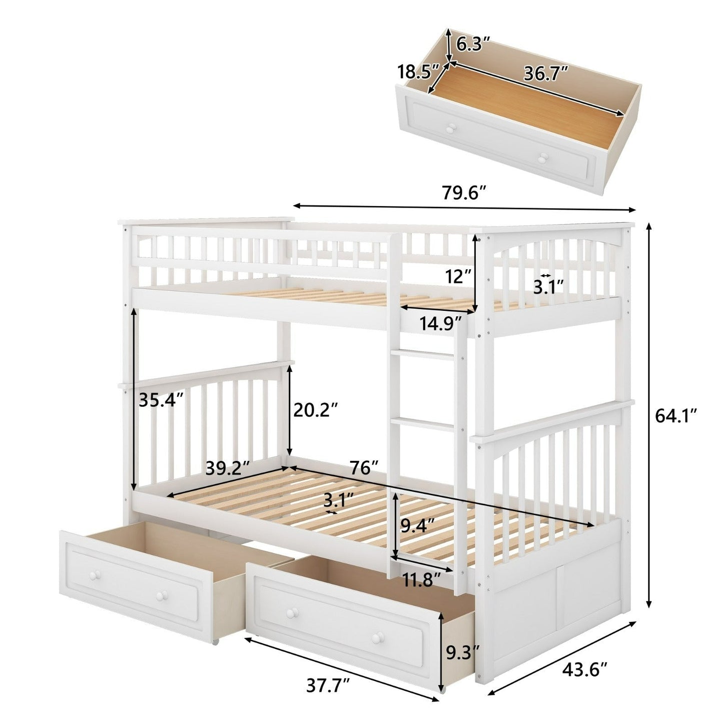 Twin over Twin Bunk Bed with Drawers Convertible Beds