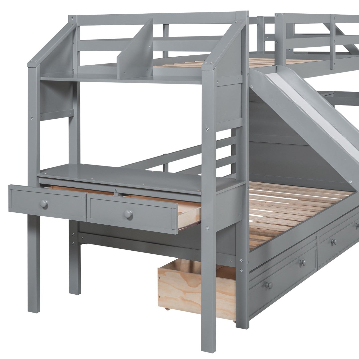 Twin over Twin Bunk Bed with Storage Staircase, Slide and Drawers, Desk with Drawers and Shelves