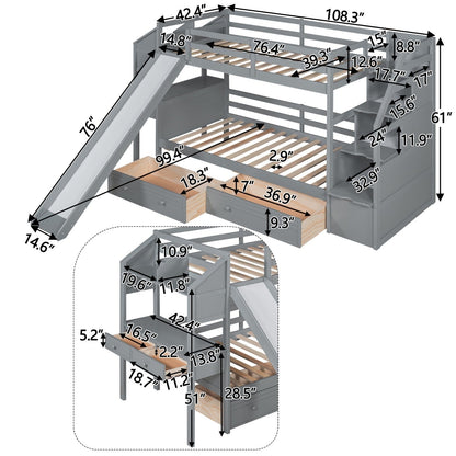 Twin over Twin Bunk Bed with Storage Staircase, Slide and Drawers, Desk with Drawers and Shelves