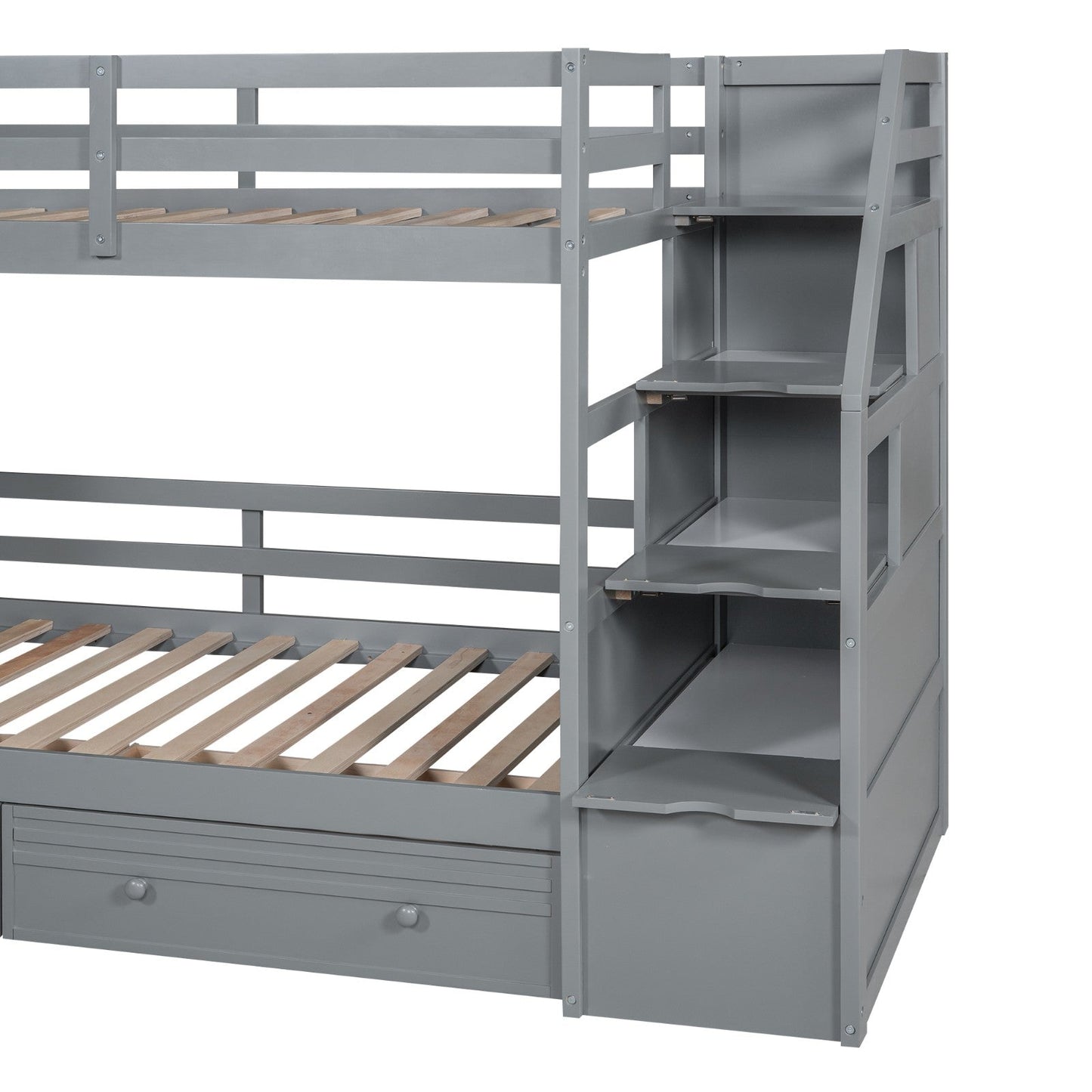 Twin over Twin Bunk Bed with Storage Staircase, Slide and Drawers, Desk with Drawers and Shelves