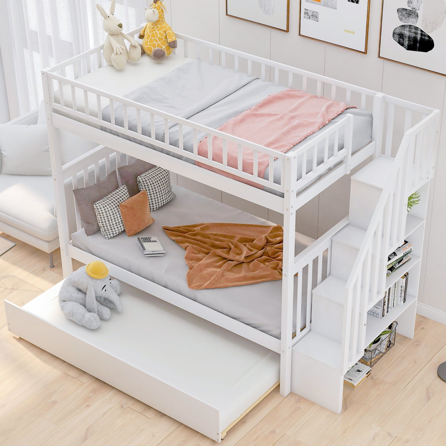 Twin-Over-Twin Bunk Bed with Trundle and Storage