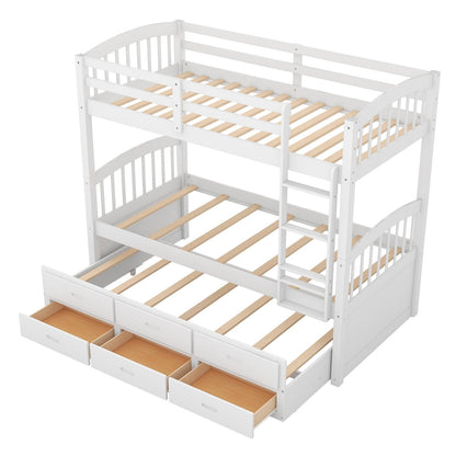 Twin over Twin Wood Bunk Bed with Trundle and Drawers