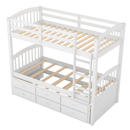 Twin over Twin Wood Bunk Bed with Trundle and Drawers