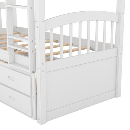 Twin over Twin Wood Bunk Bed with Trundle and Drawers