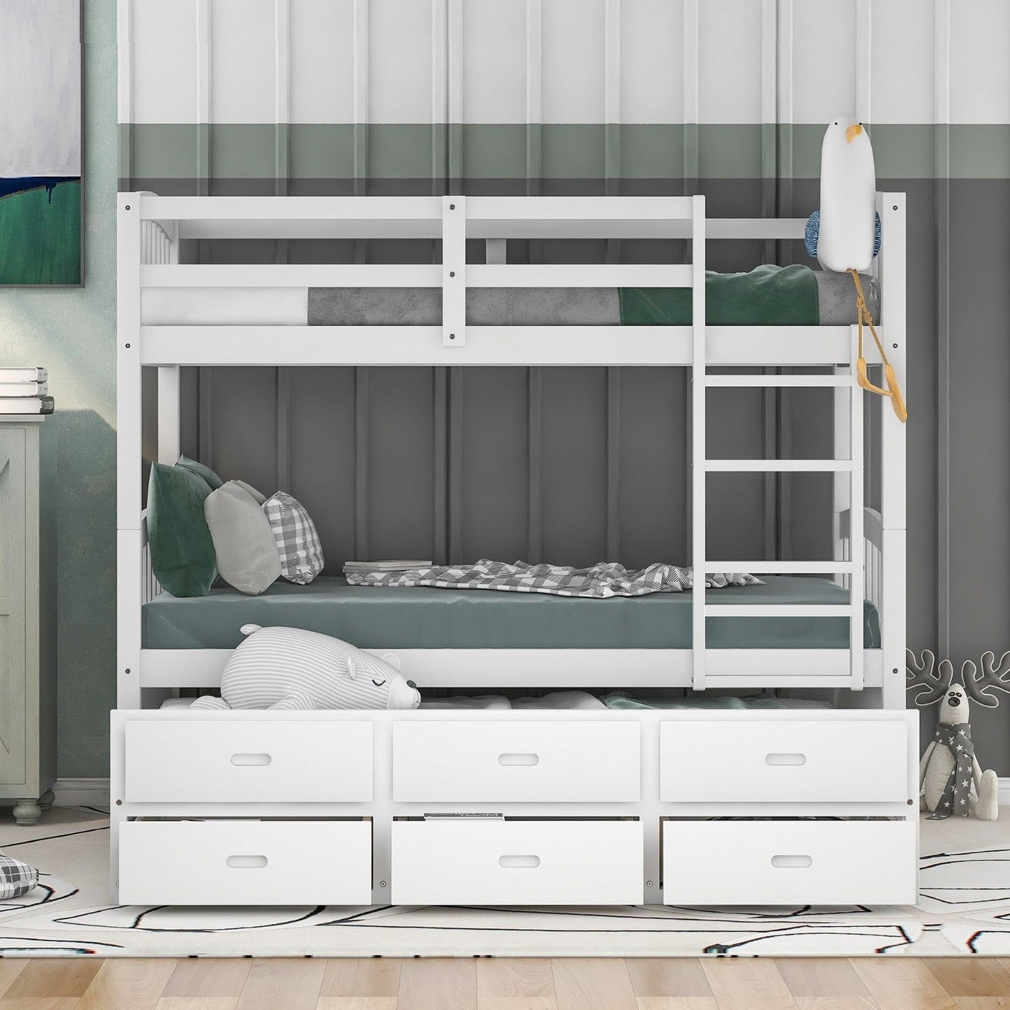 Twin over Twin Wood Bunk Bed with Trundle and Drawers