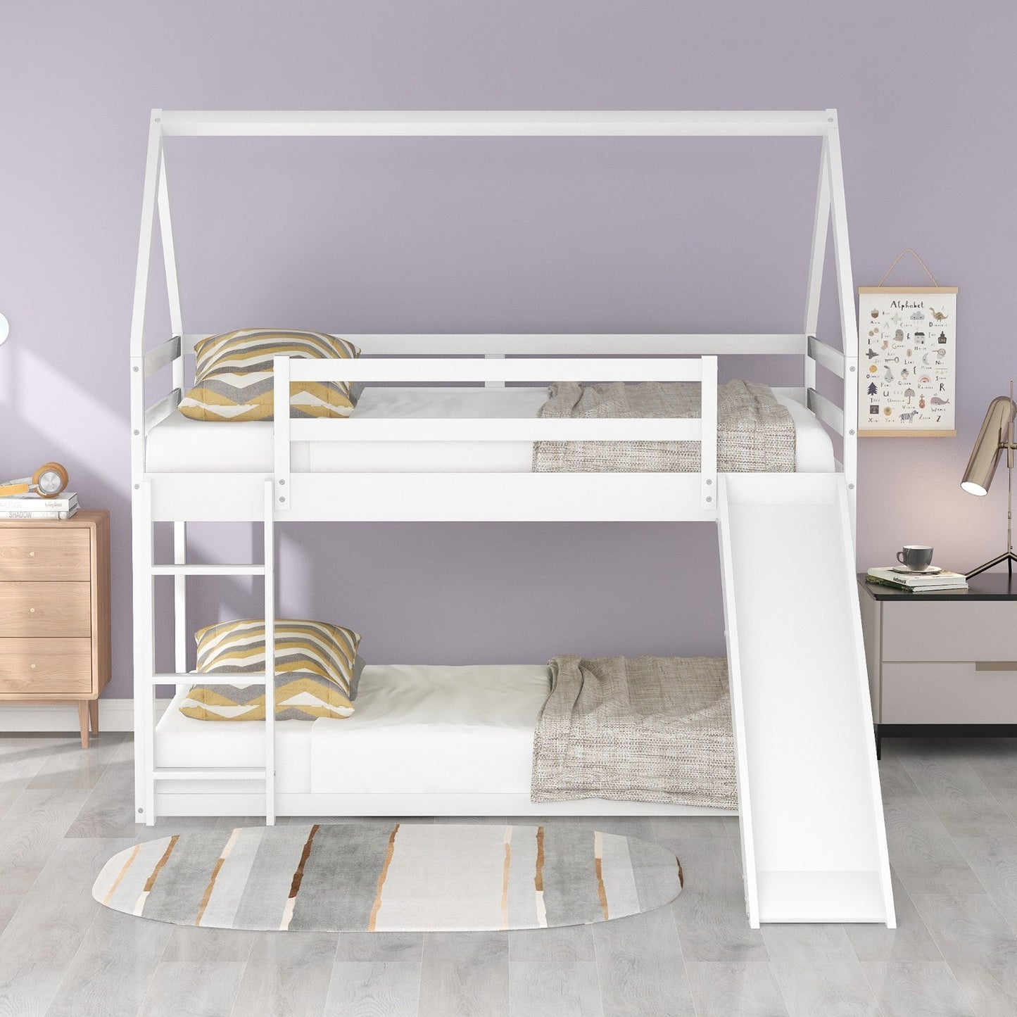 Twin Size Bunk House Bed with Slide and Ladder