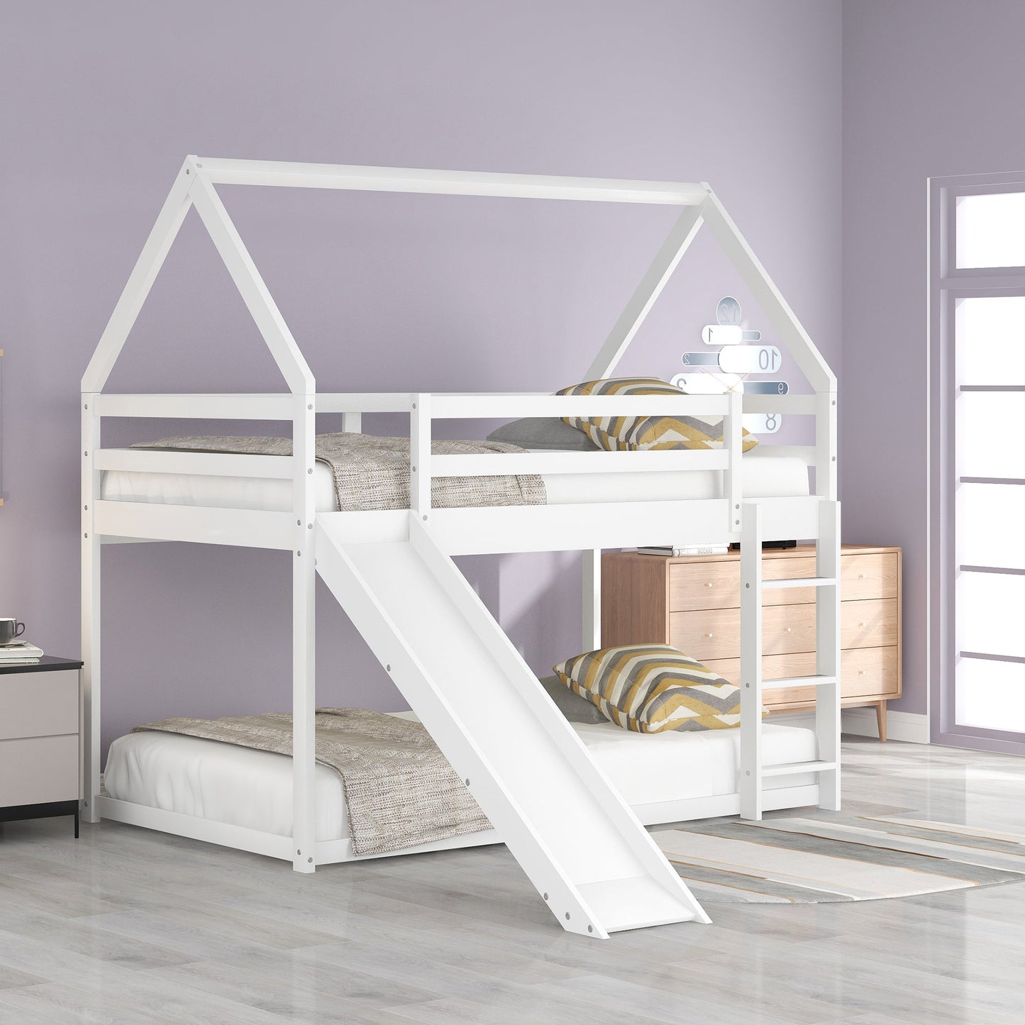 Twin Size Bunk House Bed with Slide and Ladder