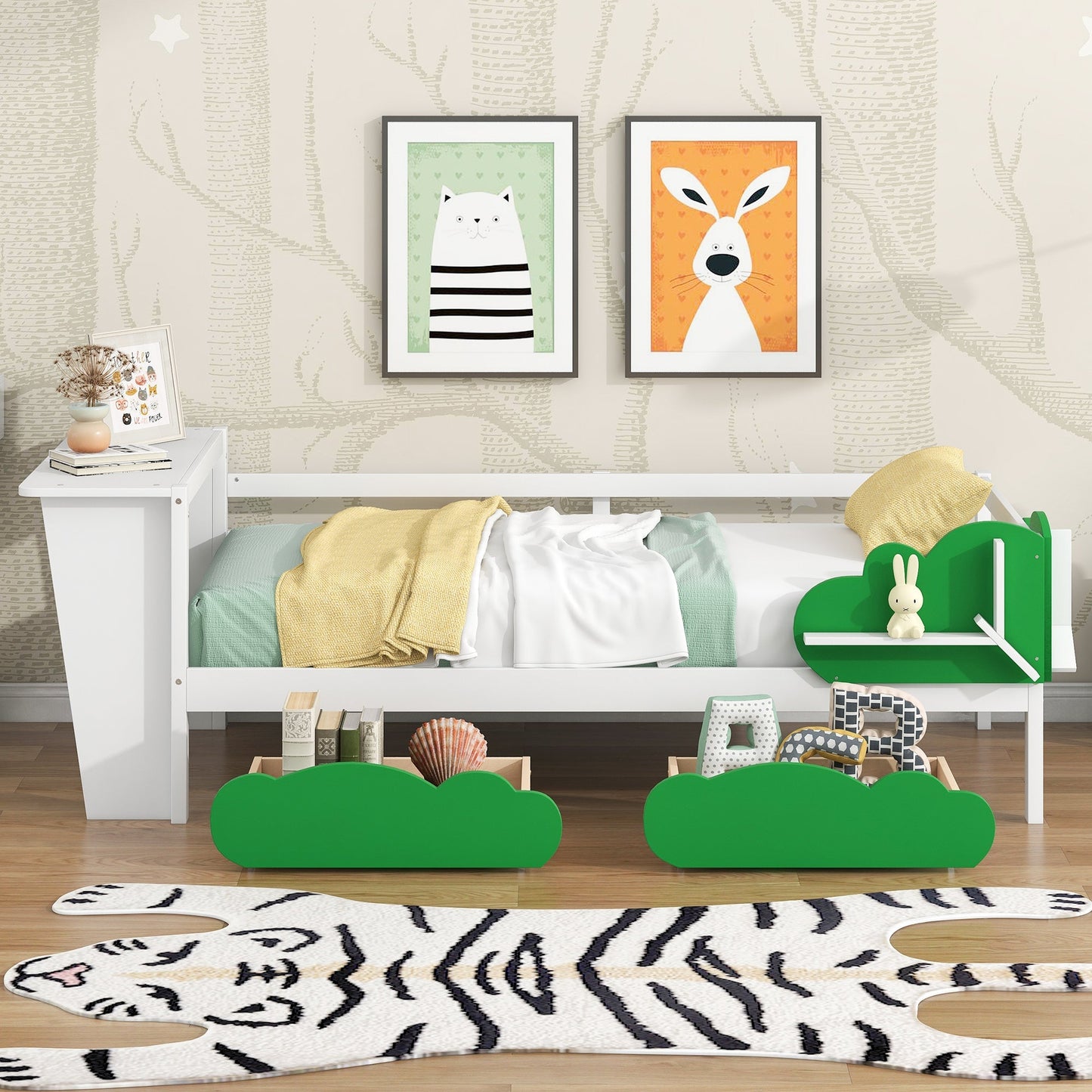 Twin Size Daybed with Desk, Green Leaf Shape Drawers, and Shelves