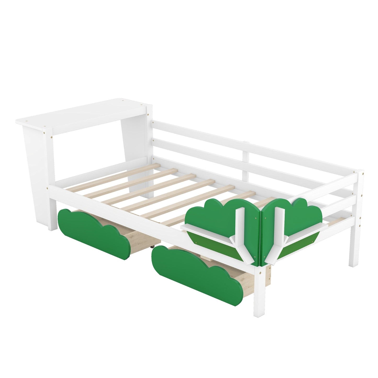 Twin Size Daybed with Desk, Green Leaf Shape Drawers, and Shelves