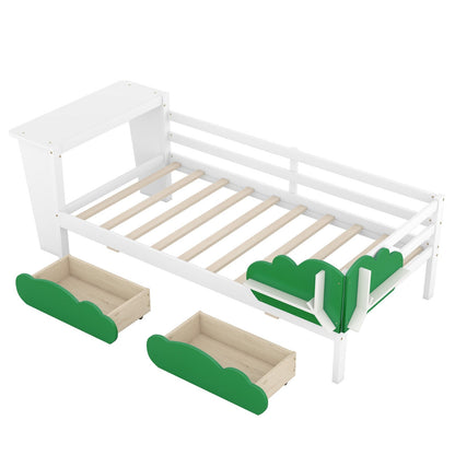 Twin Size Daybed with Desk, Green Leaf Shape Drawers, and Shelves