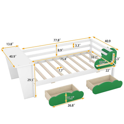 Twin Size Daybed with Desk, Green Leaf Shape Drawers, and Shelves