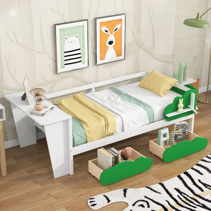 Twin Size Daybed with Desk, Green Leaf Shape Drawers, and Shelves