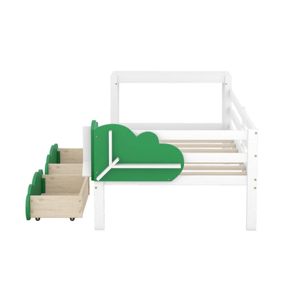 Twin Size Daybed with Desk, Green Leaf Shape Drawers, and Shelves