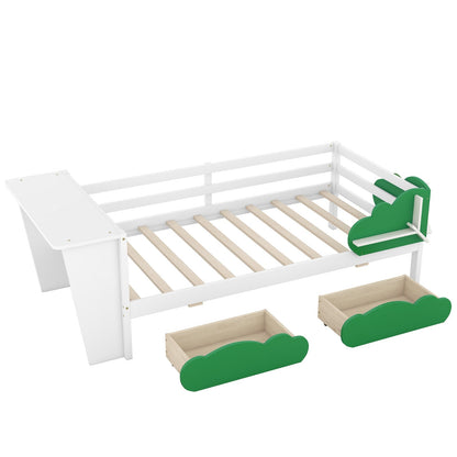 Twin Size Daybed with Desk, Green Leaf Shape Drawers, and Shelves