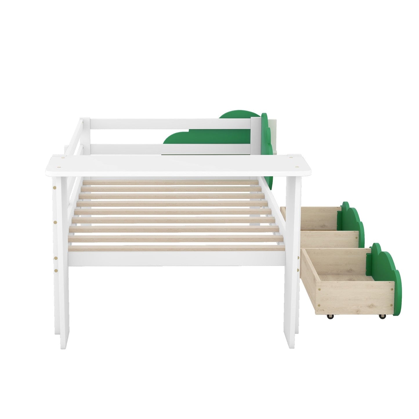 Twin Size Daybed with Desk, Green Leaf Shape Drawers, and Shelves