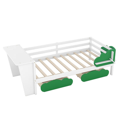 Twin Size Daybed with Desk, Green Leaf Shape Drawers, and Shelves