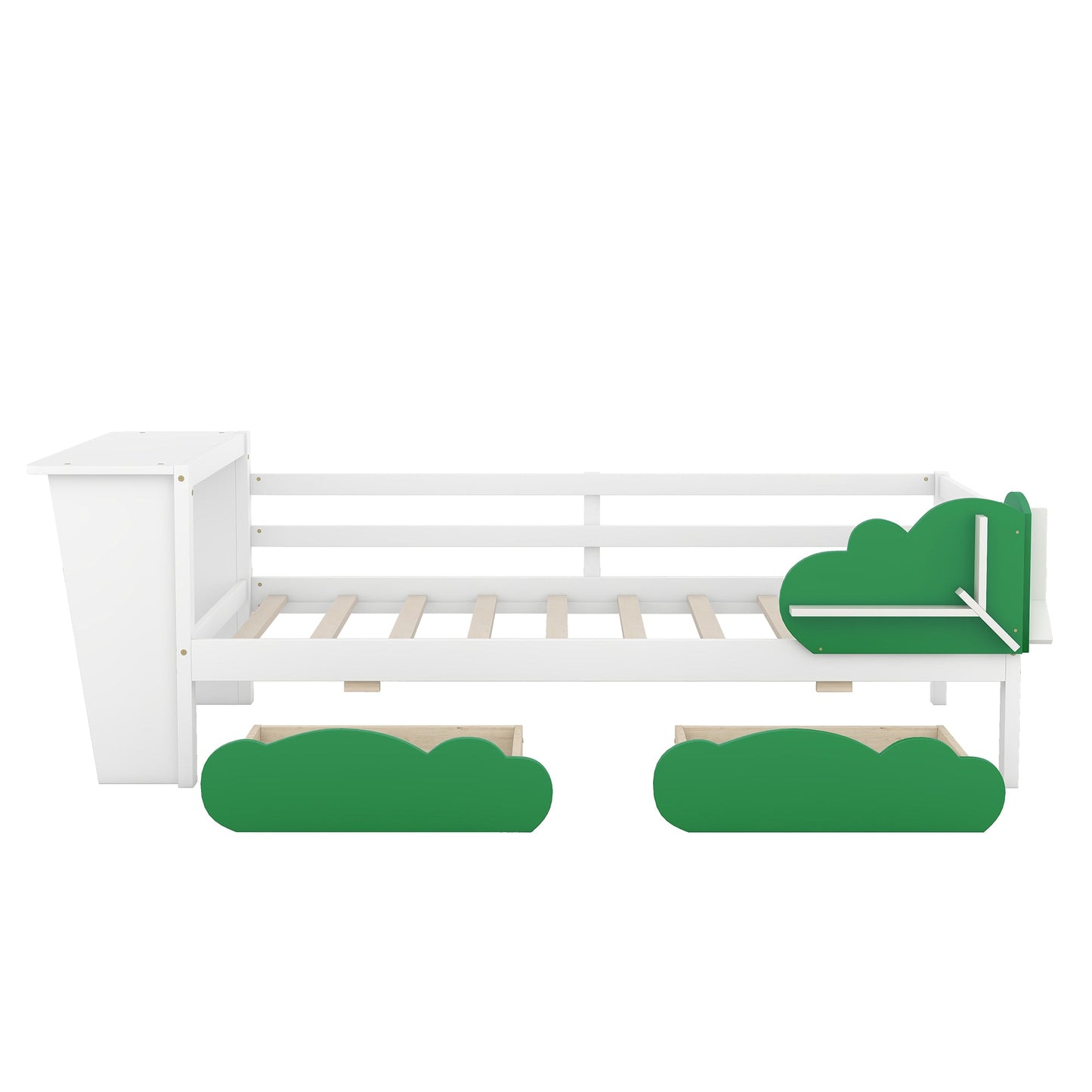 Twin Size Daybed with Desk, Green Leaf Shape Drawers, and Shelves