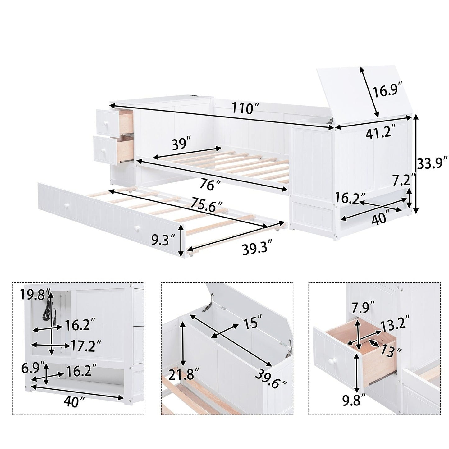 Twin-Size Daybed with Storage Arms, Trundle, and Charging Station