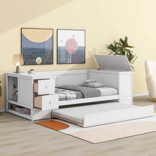 Twin-Size Daybed with Storage Arms, Trundle, and Charging Station