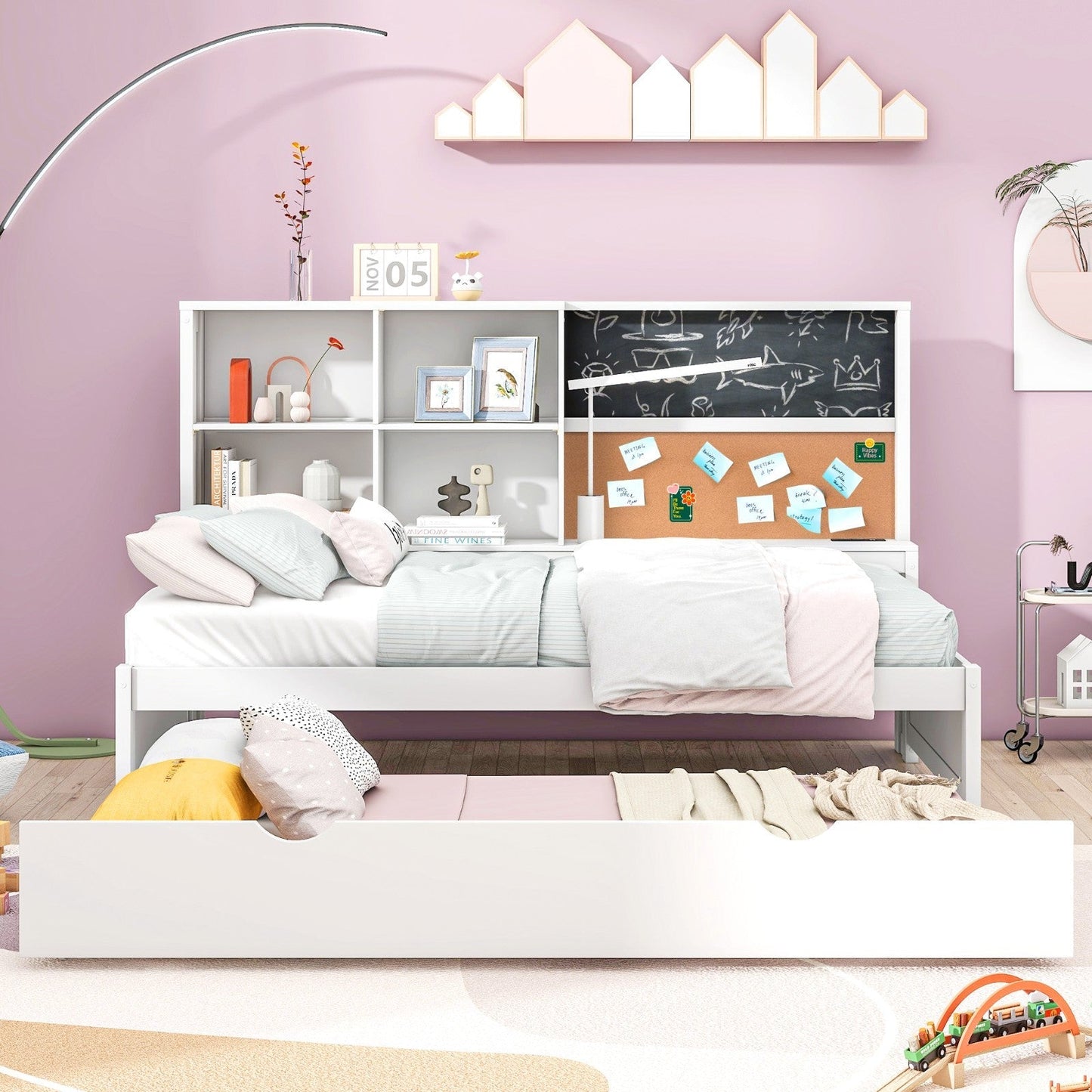 Twin Size Daybed with Storage Shelves, Blackboard, Cork board, USB Ports and Twin Size Trundle
